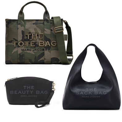 The Camo Jacquard Medium Tote Bag (Green), The Sack Bag (Black), & The Beauty Bag (Black)