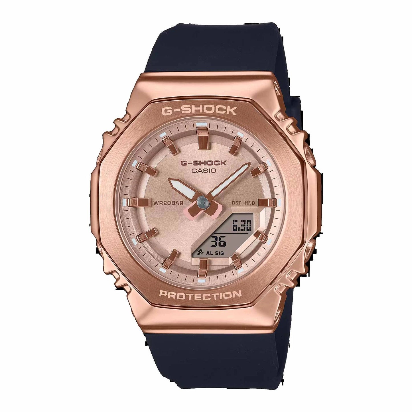 Analog-Digital Pink Gold-Tone Dial Black Resin Strap Watch