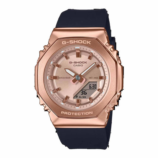 Analog-Digital Pink Gold-Tone Dial Black Resin Strap Watch